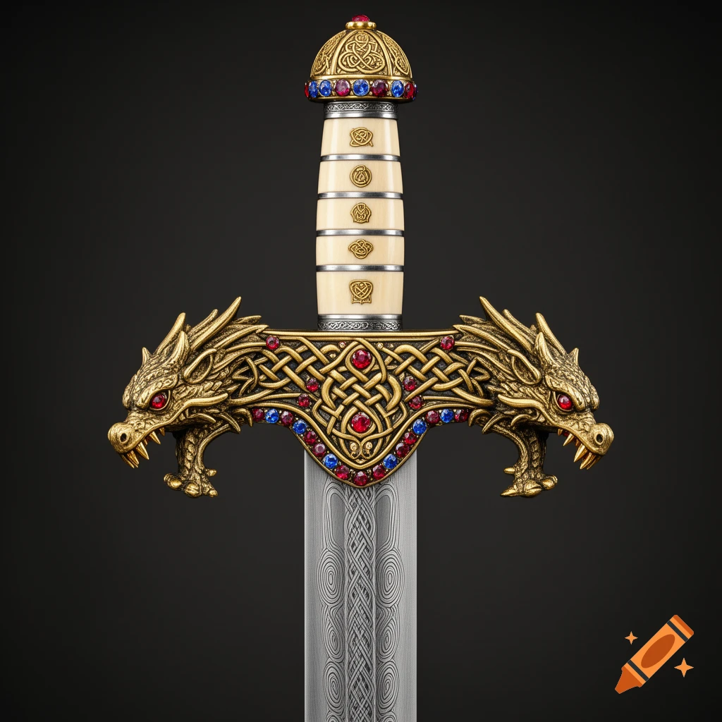 Ornate fantasy sword with gold dragon heads, Celtic knotwork, sparkling rubies and sapphires, an ivory handle, and a pattern-welded blade.