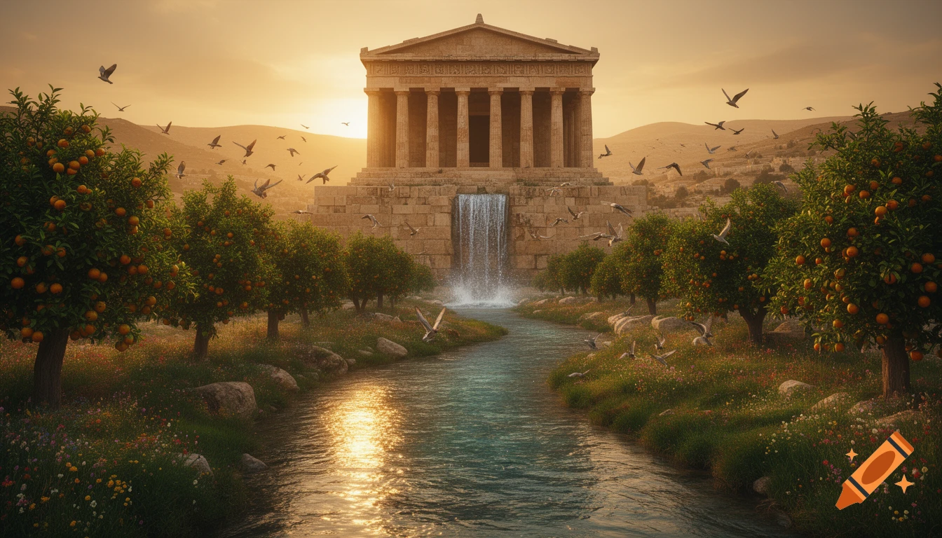 Photorealistic landscape of an ancient stone temple with a waterfall flowing into a river, surrounded by orange trees and birds at sunset.