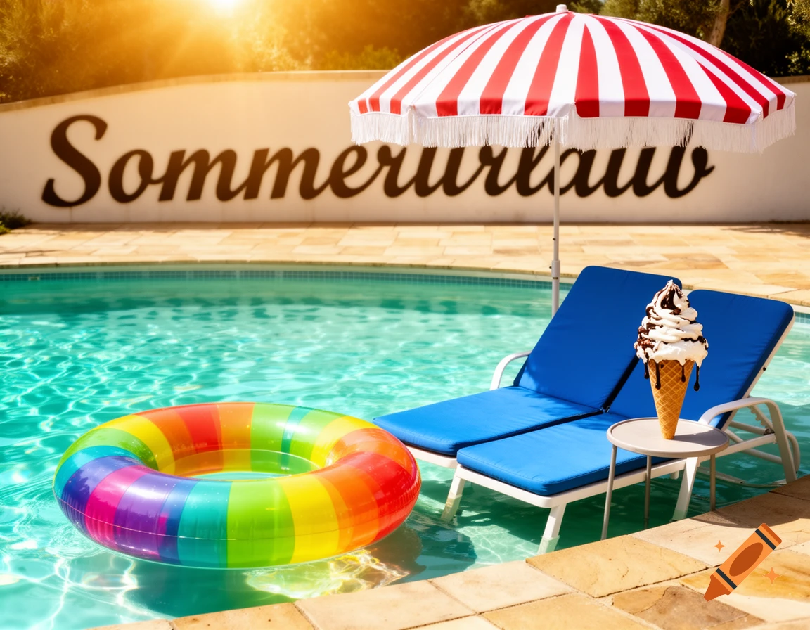 Photorealistic image of a sunny pool with a rainbow float, lounge chairs under an umbrella, ice cream, and 'Sommerurlaub' on a wall.