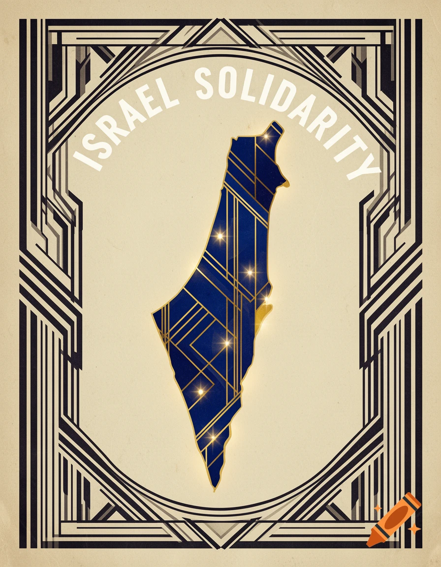 Art Deco poster with a dark blue and gold stylized map of Israel, framed by geometric patterns, with "ISRAEL SOLIDARITY" text.