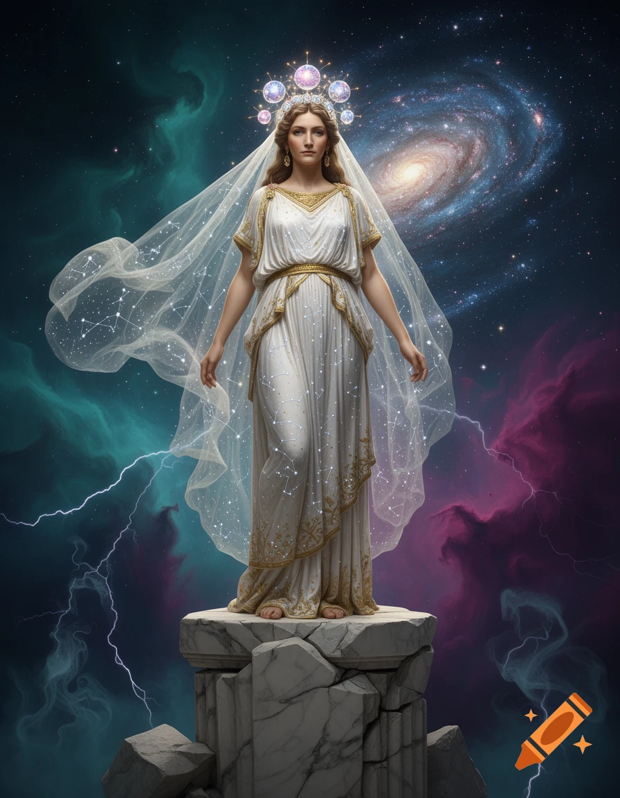 An ethereal ancient Greek goddess with a constellation veil and astral orb crown stands on a marble pedestal against a backdrop of colorful nebulae, stars, and lightning in high-detail fantasy art.