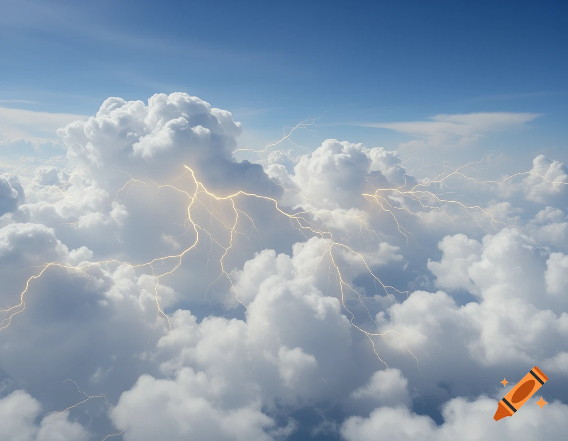 Fluffy white clouds with golden lightning striking through them against a blue sky.