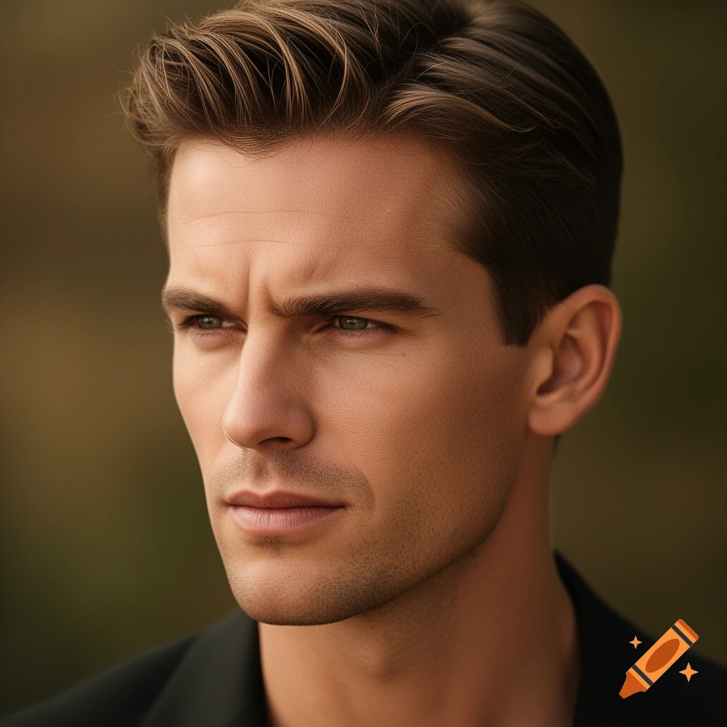 Close-up photorealistic portrait of a handsome Caucasian man with brown hair and a strong jawline, looking left.