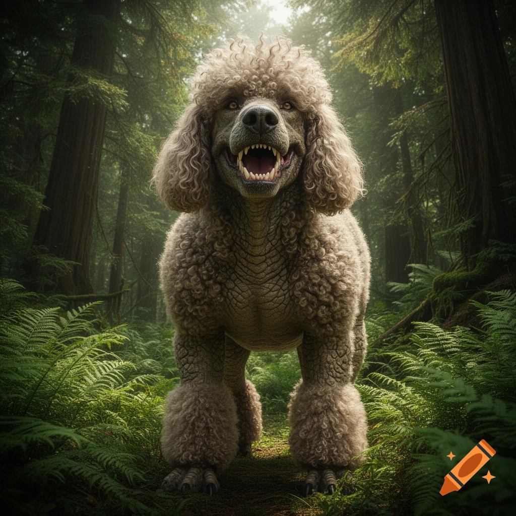 A photorealistic T-Rex poodle hybrid with bared teeth stands in a misty, fern-filled forest.