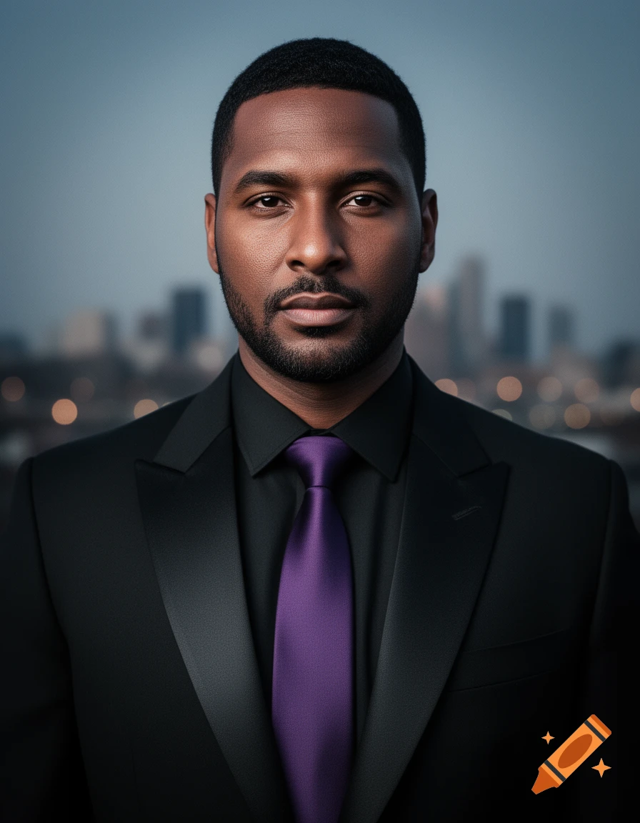 A formal portrait of a man in a black suit with a purple tie against a blurred city skyline.