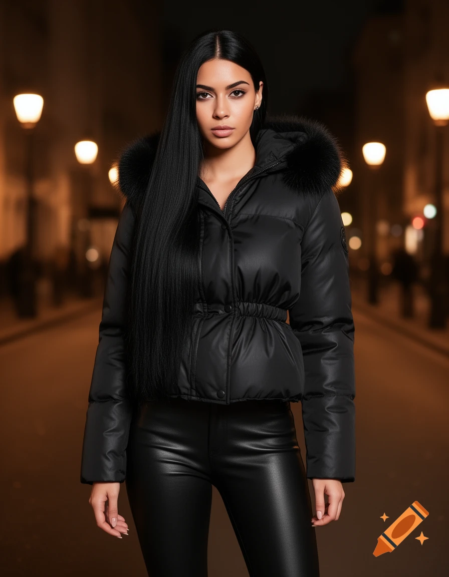 Photorealistic portrait of a woman with long black hair, wearing a black puffer jacket and leather pants, standing on a city street at night.