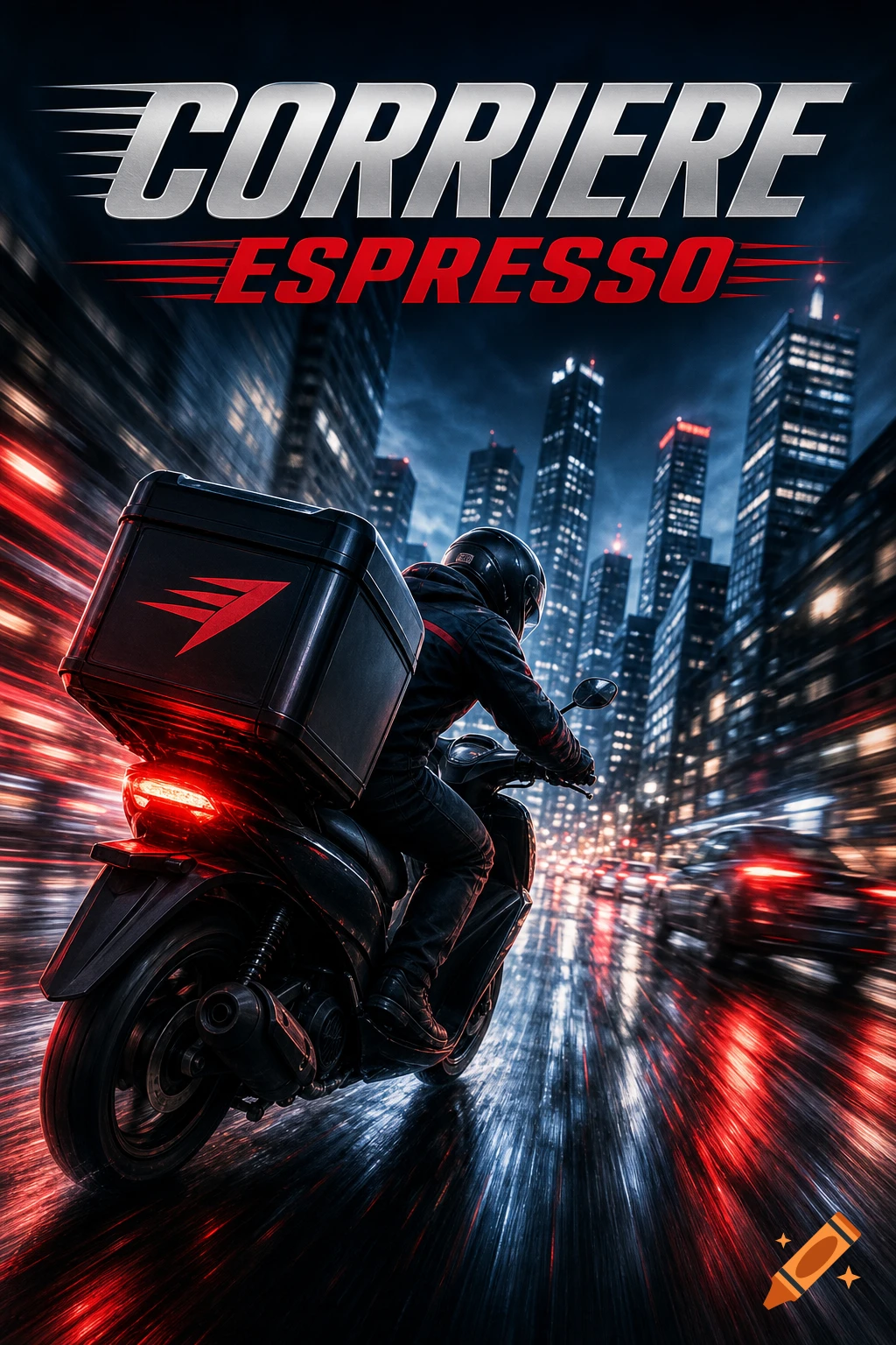 A photorealistic image of a delivery rider on a scooter speeding through a city at night, with motion blur. Text reads 'CORRIERE ESPRESSO'.