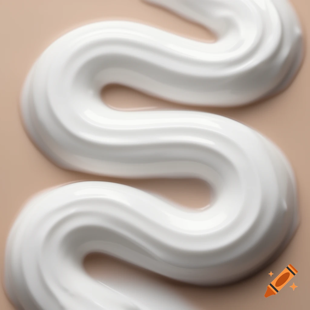 Extreme close-up of a thick, glossy white cream in an S-curve pattern on a warm nude beige background.