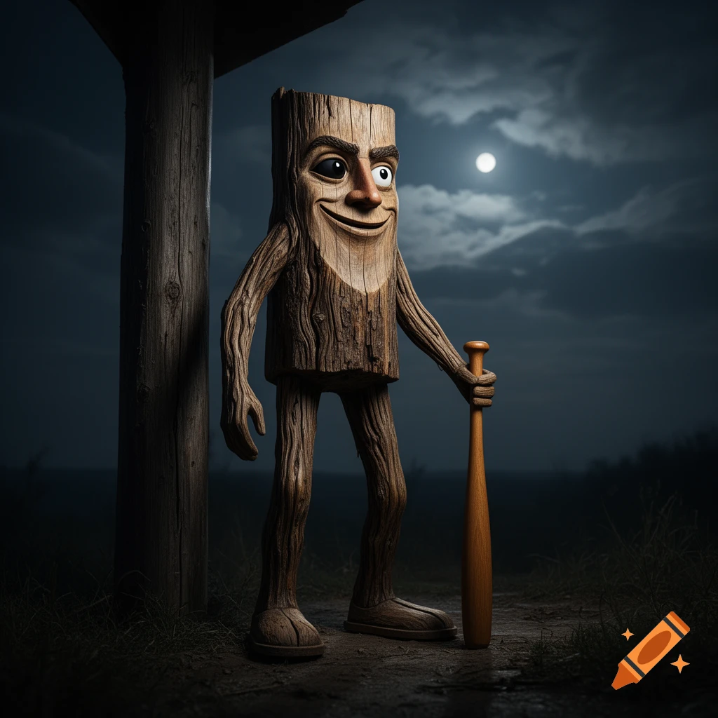 An anomalous wooden creature with a cynical smile, human-like black and white eyes, and long limbs, holds a baseball bat under a full moon at a night watch post.