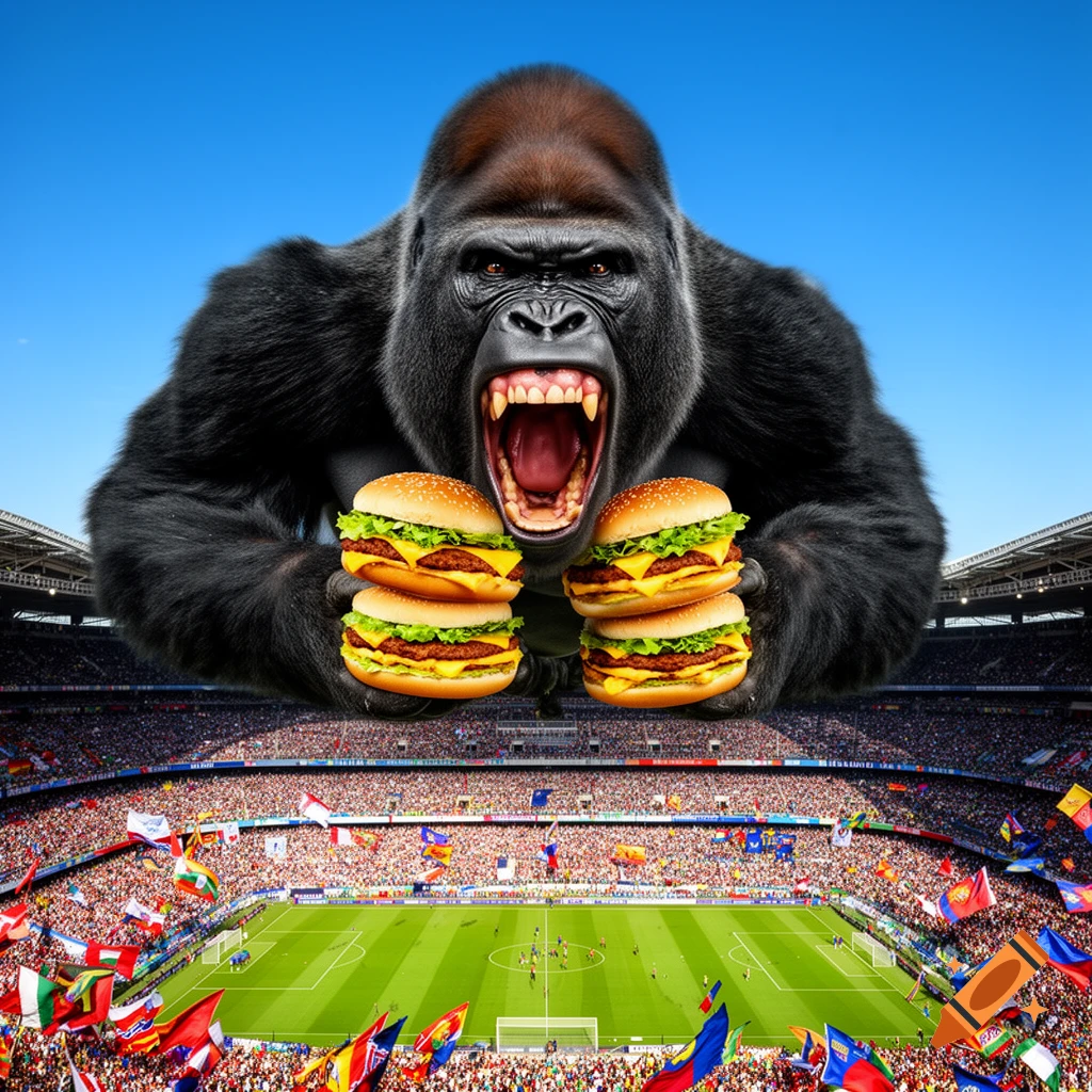 A giant roaring gorilla holds two stacks of cheeseburgers over a packed football stadium during a World Cup match.