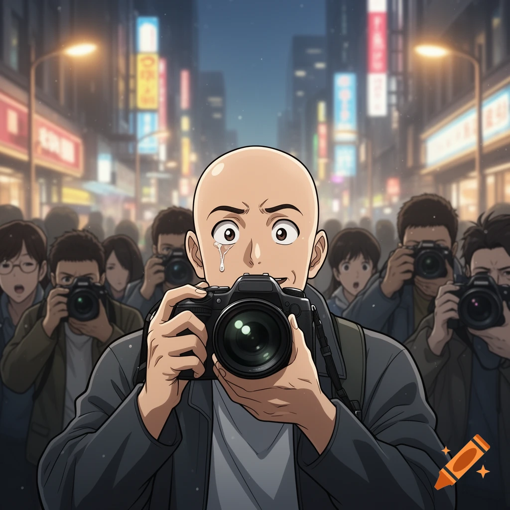An anime-style bald man cries while holding a camera, surrounded by other photographers in a bustling night city street.
