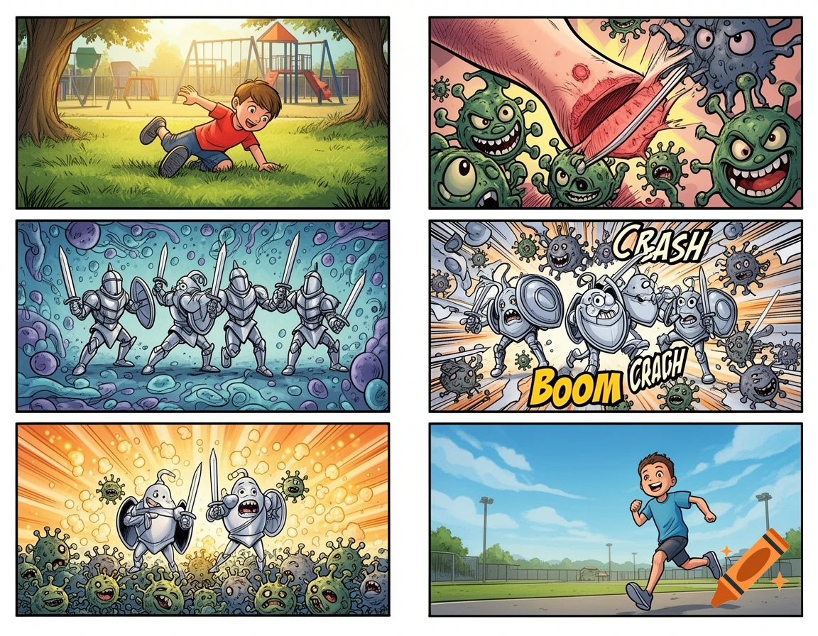 A six-panel comic illustrating a child's immune system (knights) fighting germs after a fall, in a vibrant cartoon style.