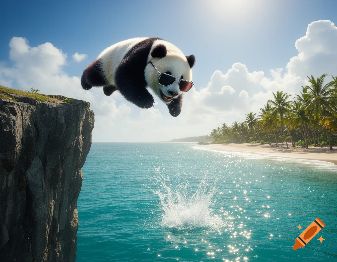 A photorealistic panda wearing sunglasses jumps from a tall cliff, making a big splash in the turquoise ocean near a palm-lined tropical beach.