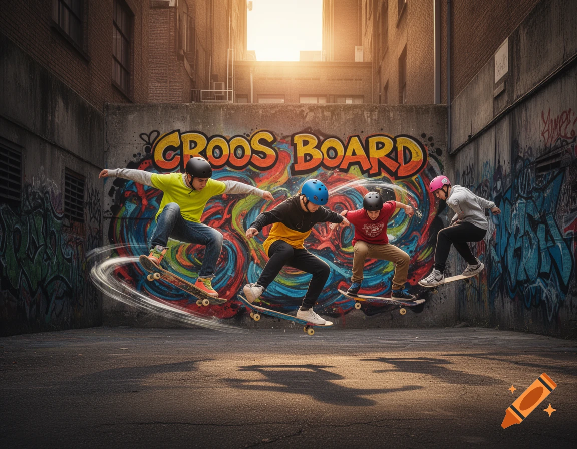Four young skateboarders doing tricks in an urban alleyway with a colorful 'CROOS BOARD' graffiti wall.