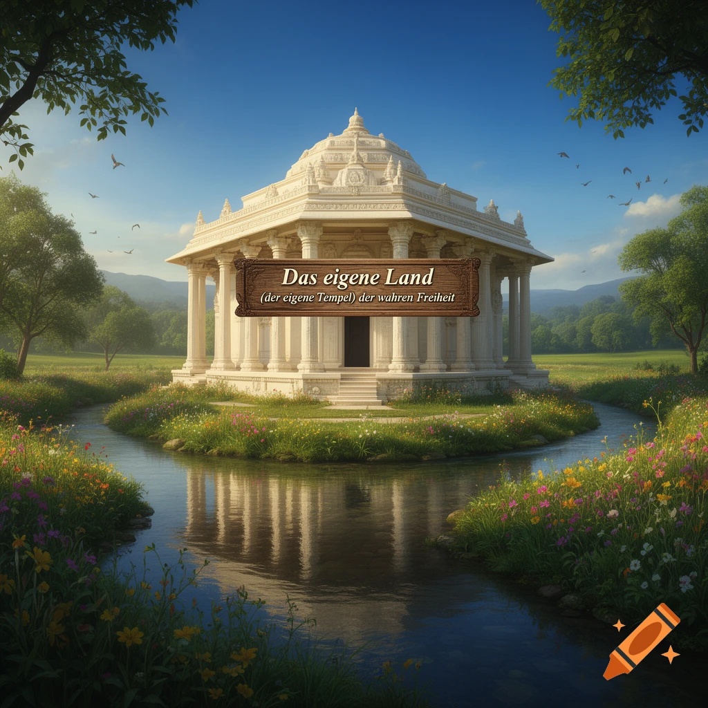 A white, ornate temple-like building on a grassy island, surrounded by a winding river with reflections, lush green fields, trees, and a blue sky.