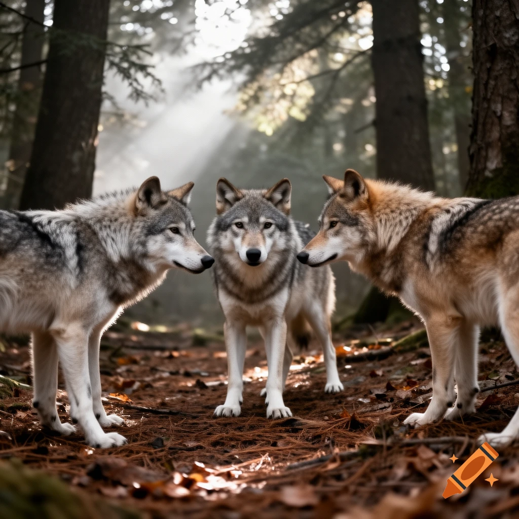 Three photorealistic wolves stand among fallen leaves in a sun-dappled forest, with one wolf facing forward.