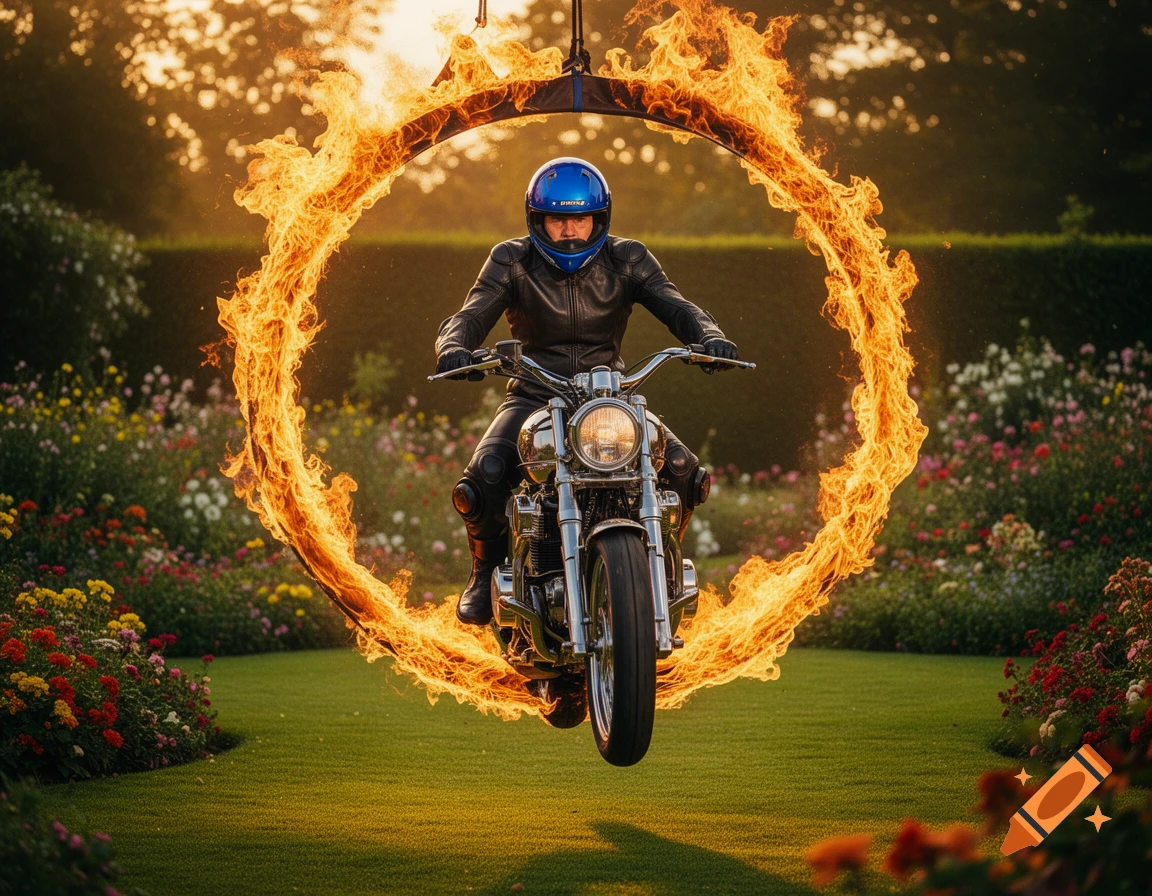 A motorcyclist in a blue helmet rides through a flaming ring over a green lawn in a lush garden at sunset.