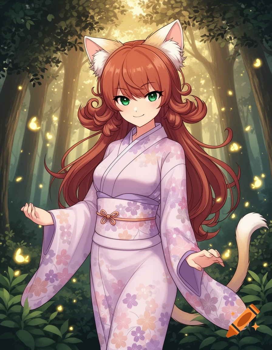 Anime cat girl in a purple floral kimono stands in an enchanted forest with glowing butterflies.