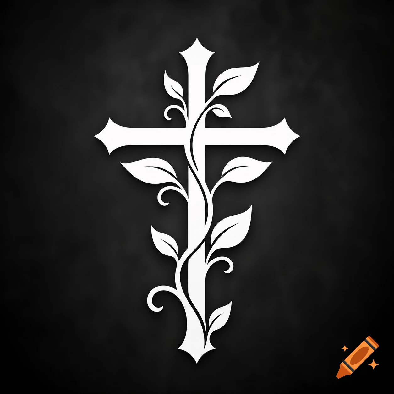 A white stylized cross with leafy vines on a dark background, rendered as a clean logo.