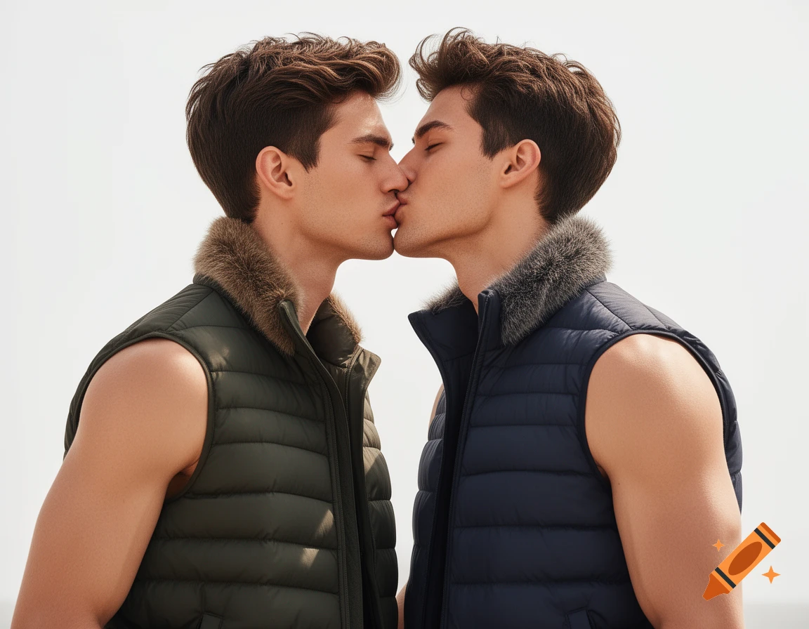 A photorealistic image of two handsome young men in sleeveless puffer vests with fur collars kissing against a white background.