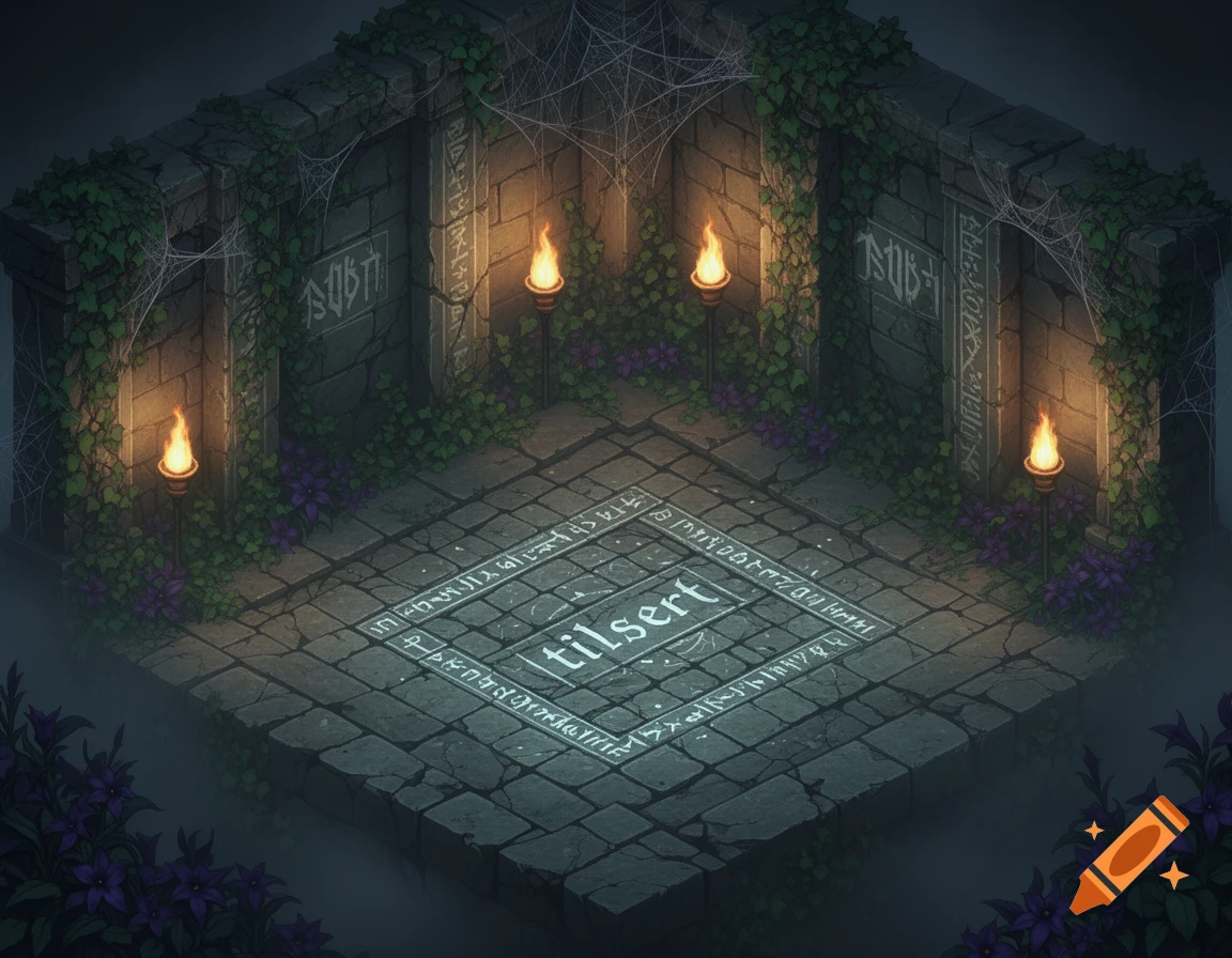 Isometric view of an old stone crypt with glowing runes on the floor and walls, illuminated by torches, overgrown with ivy and spiderwebs.