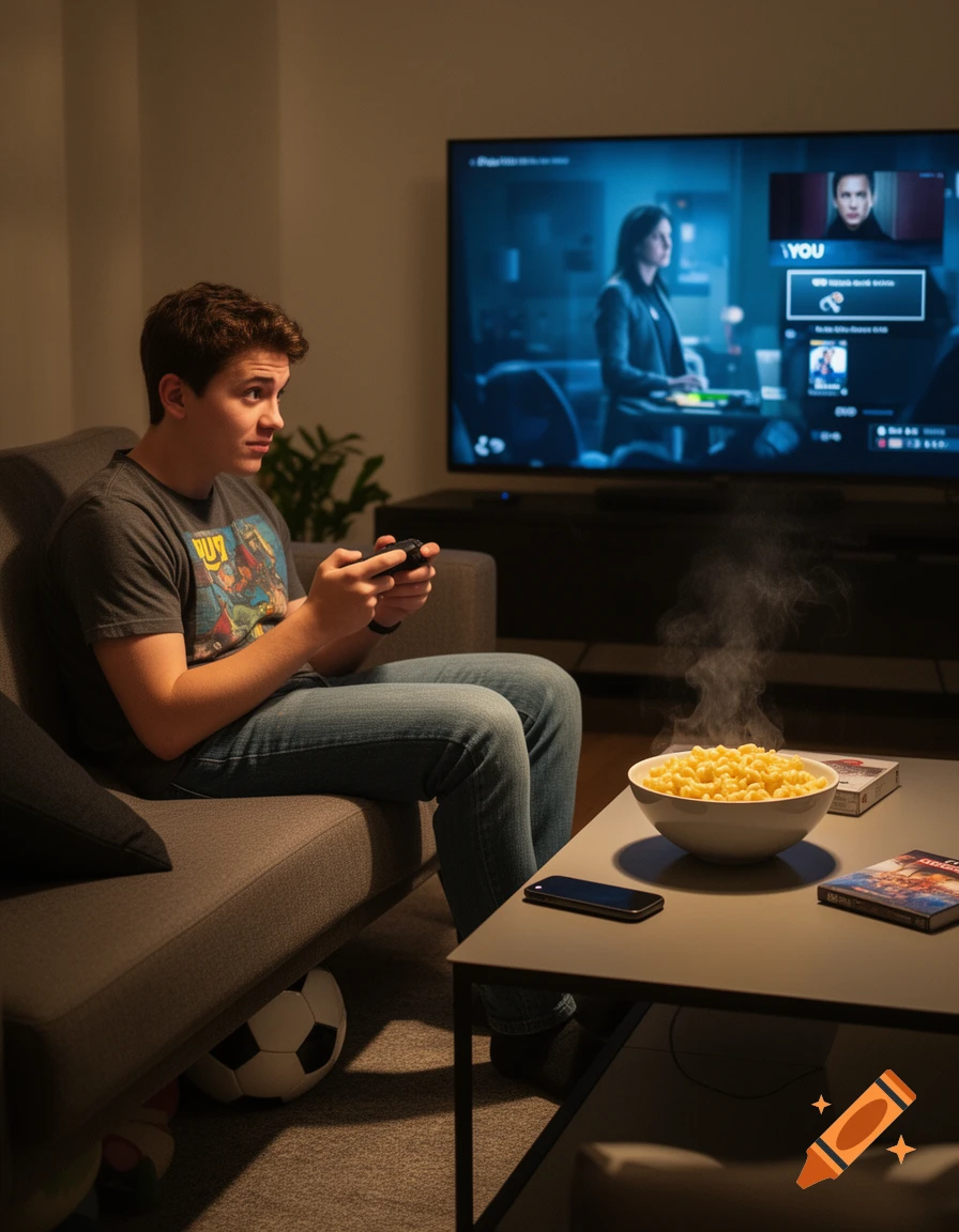 A young man sits on a sofa playing video games, watching TV, with a bowl of mac & cheese and a phone on the coffee table. A soccer ball is under the sofa.