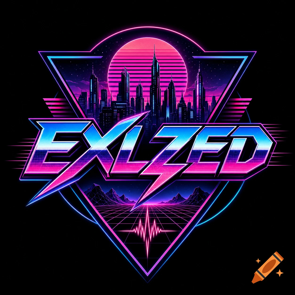 A neon synthwave logo featuring the text EXLZED, a retro cityscape silhouette, and a grid landscape within a triangular frame against a sunset.