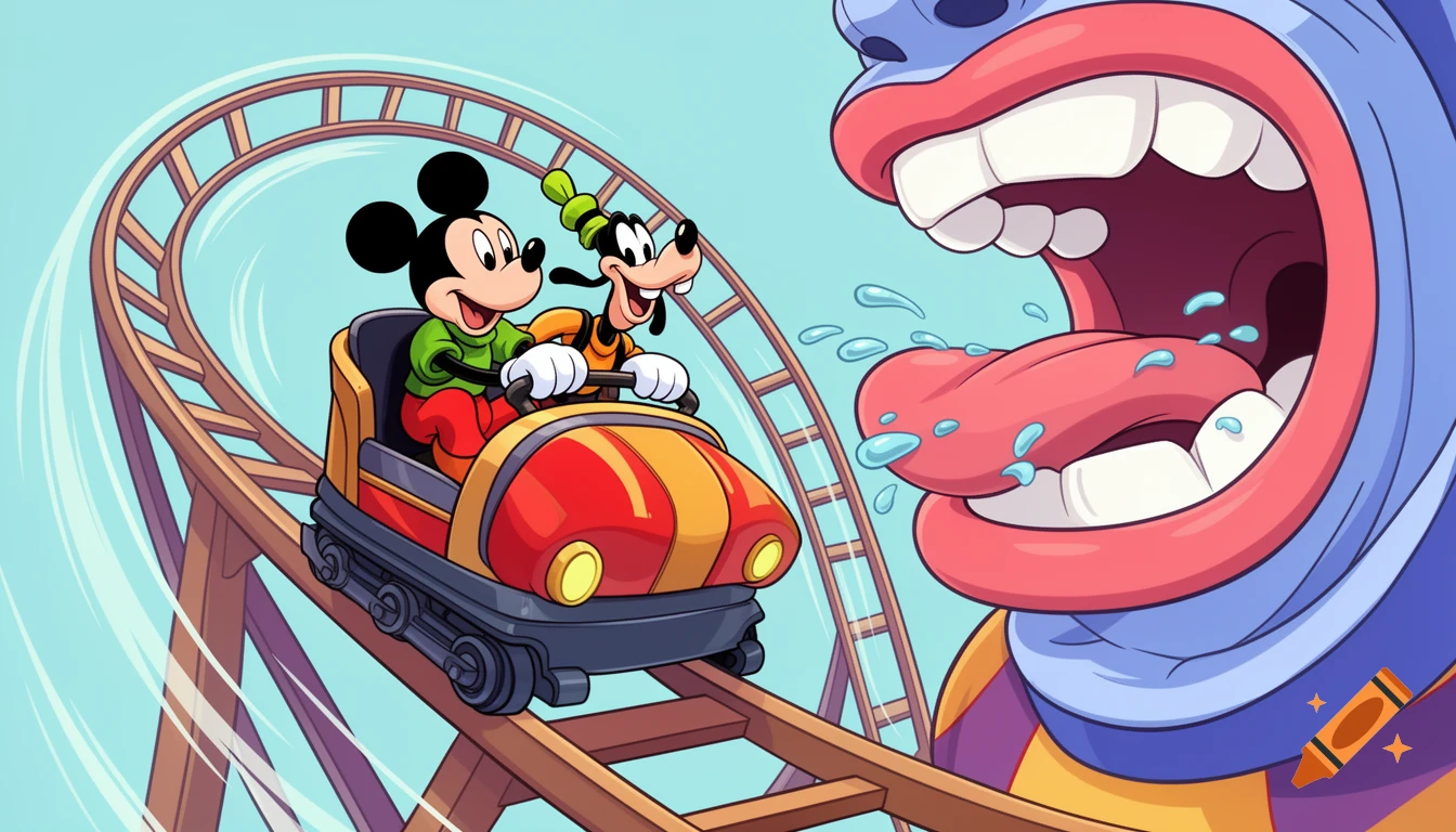 Mickey Mouse and Goofy on a roller coaster, happily riding towards a giant open cartoon mouth with a tongue and saliva.
