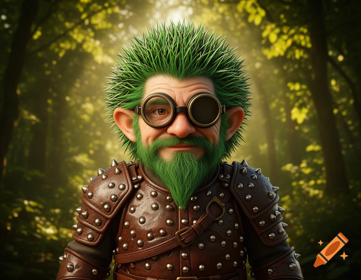 A photorealistic gnome with spiked green hair and goatee, wearing studded leather armor and goggles with one missing lens, against a blurred forest background.