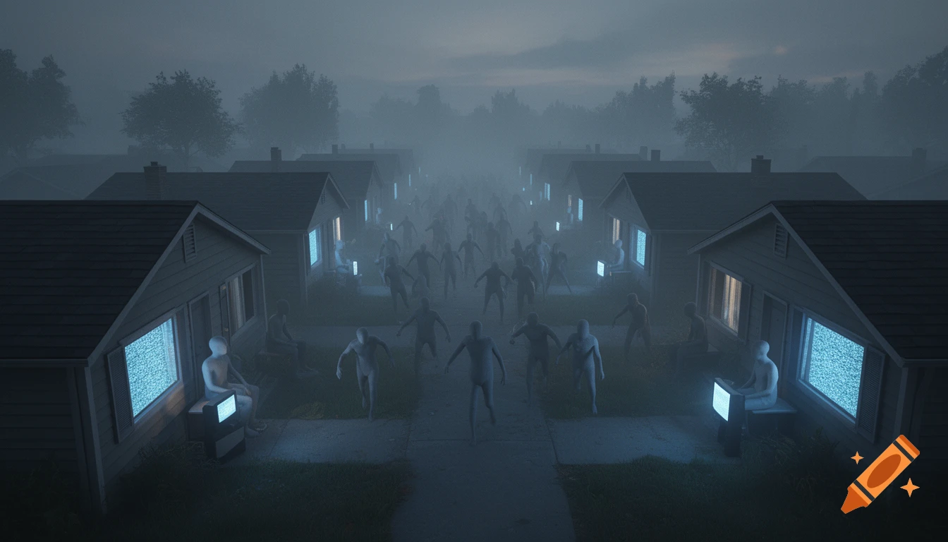 Eerie, foggy twilight neighborhood with faceless humanoids and houses displaying static TVs.