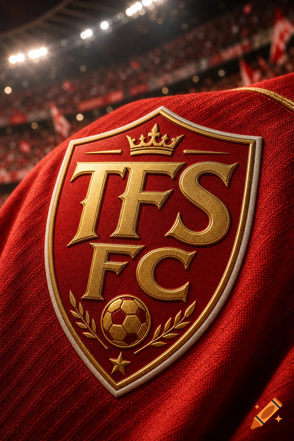 Close-up of a red football shirt badge with gold 'TFS FC' text, a crown, and a soccer ball, in a stadium.