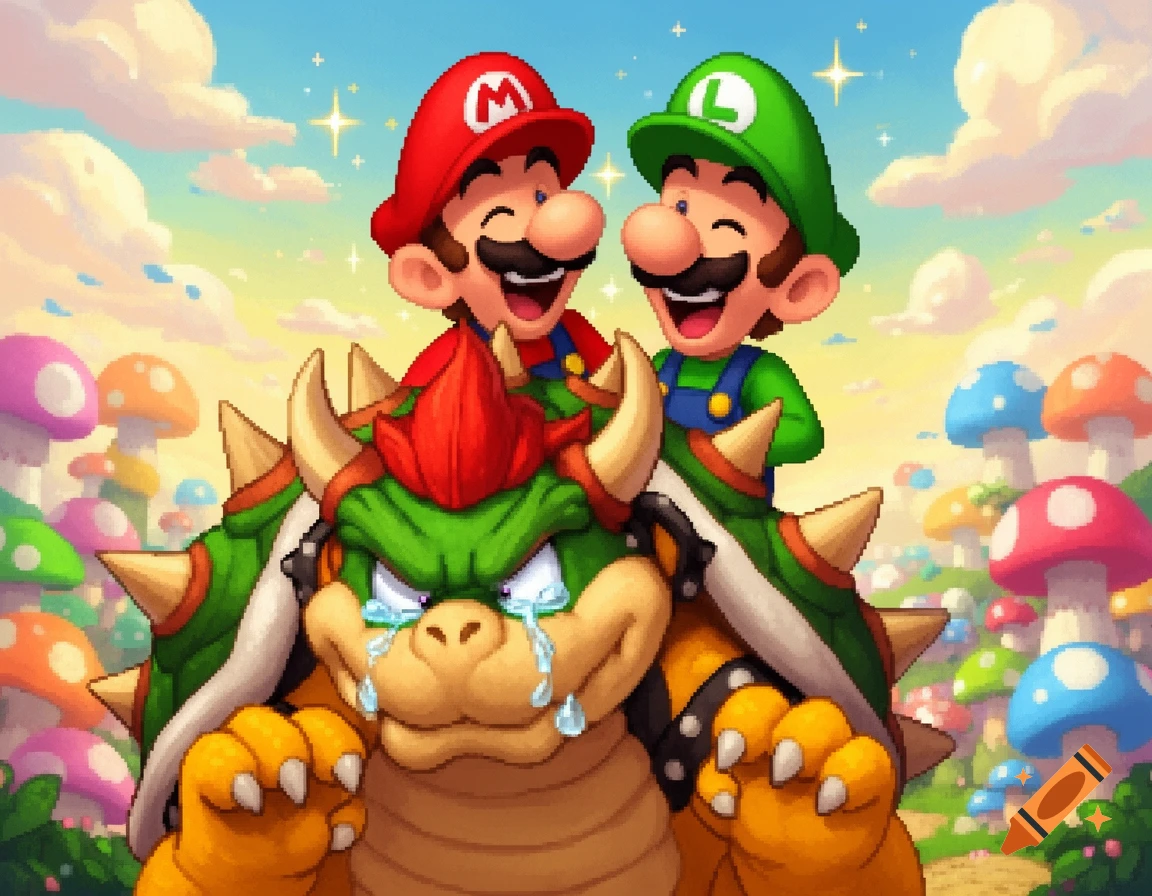 Pixel art of Mario and Luigi laughing atop a crying Bowser in a colorful mushroom landscape.