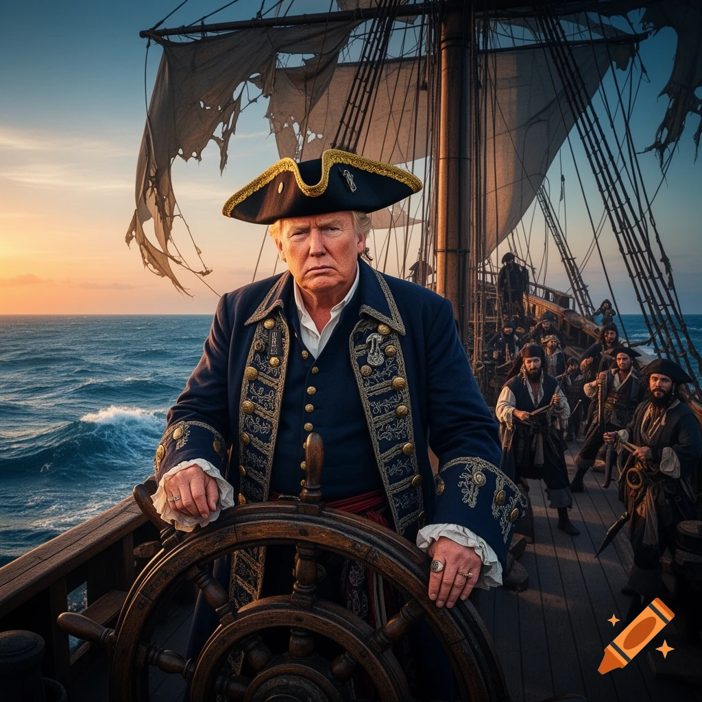 Photorealistic image of Donald Trump as a pirate captain at the ship's helm, with other pirates on deck at sunset.