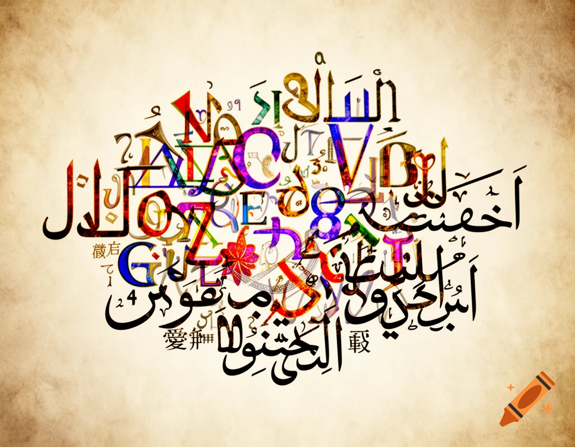 A textured beige background with a central, colorful collage of jumbled characters from Latin, Arabic, and other scripts.