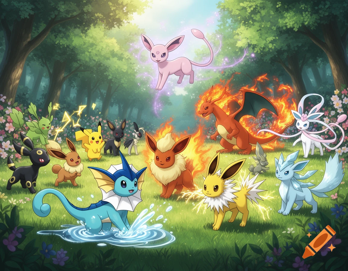 Many Pokémon, including various Eeveelutions, Pikachu, and Charizard, gather in a vibrant, lush forest setting.