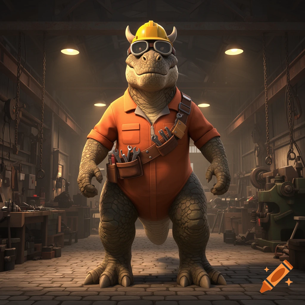 A reptilian Gorosaurus-like creature dressed as a TF2 Engineer, with a hard hat, goggles, and tool belt, stands in a workshop.