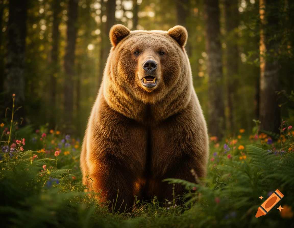 A large brown grizzly bear stands in a sunlit forest clearing, surrounded by green ferns and colorful wildflowers.