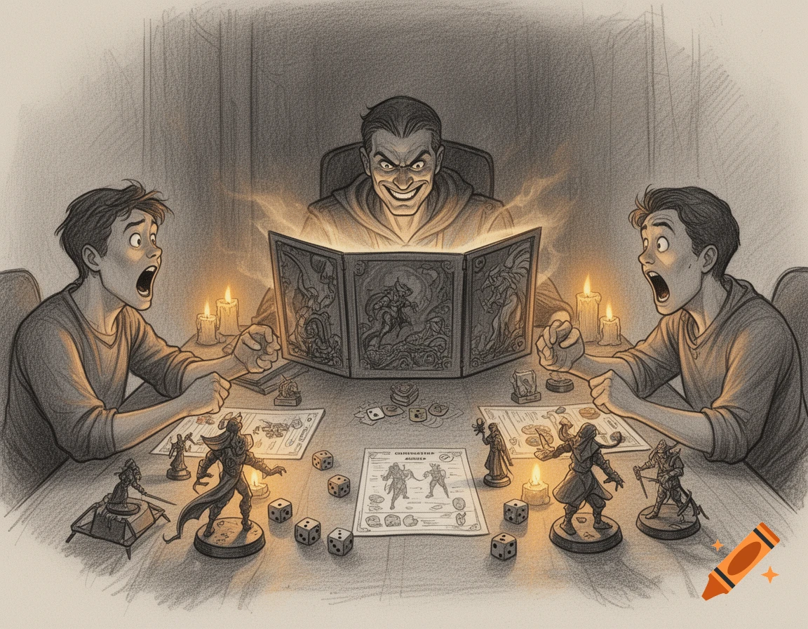An intense sketch illustration of a tabletop RPG session. A grinning Dungeon Master looms behind a glowing screen, while two shocked players react. Minifigures, dice, and character sheets are on the table illuminated by candlelight.