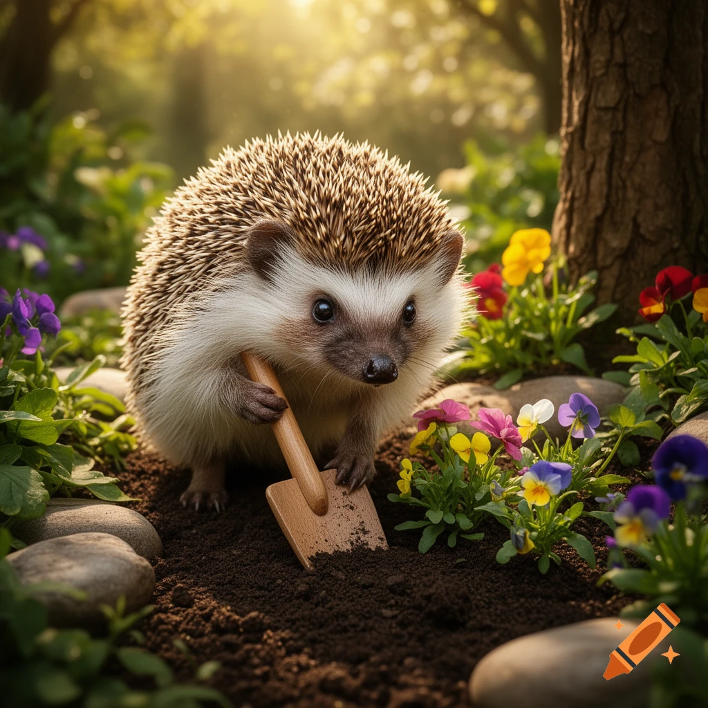 A photorealistic hedgehog digs in rich soil with a small wooden trowel, surrounded by colorful pansies and green foliage under warm sunlight.