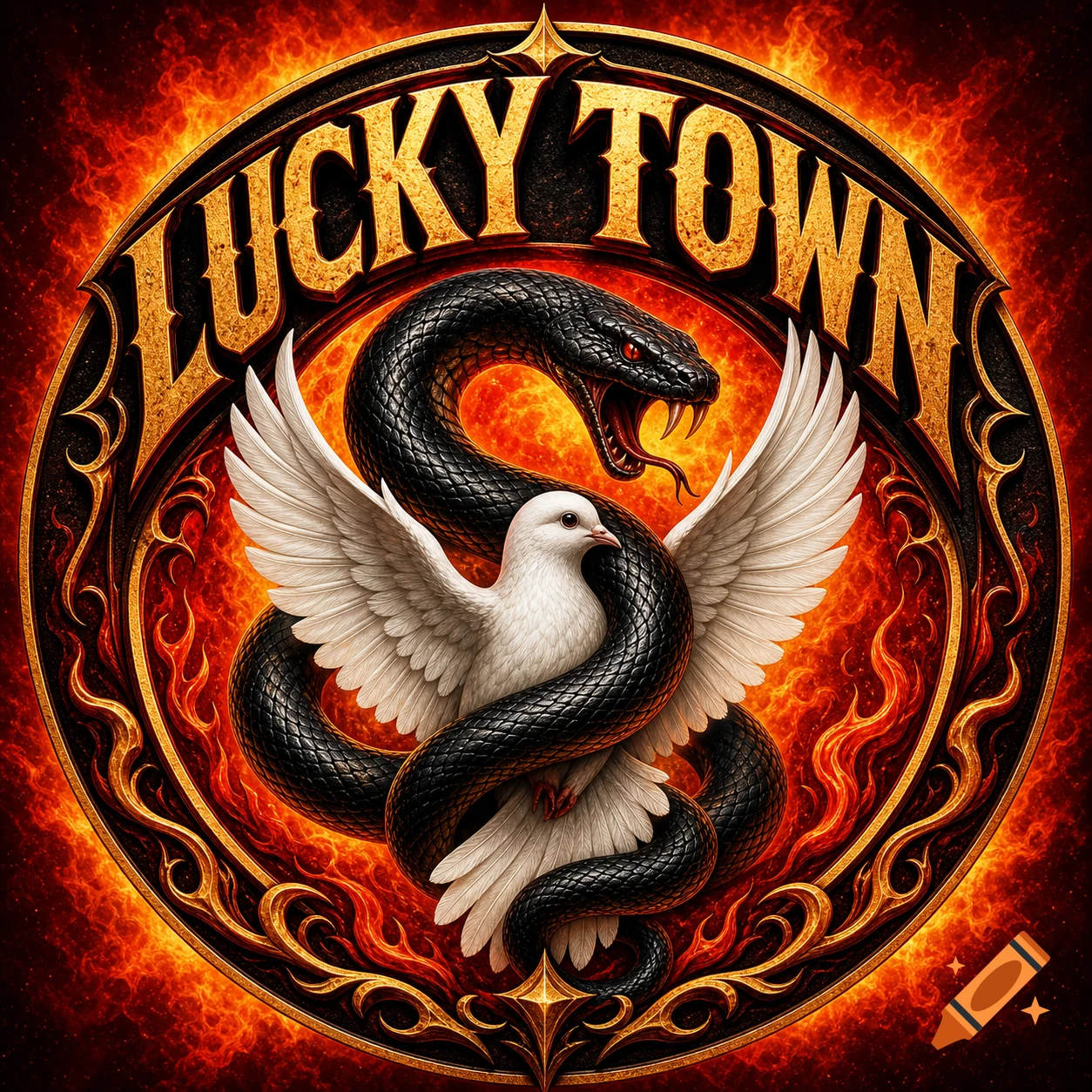 A gold and black emblem featuring a coiled black snake embracing a white dove, set against a fiery background with the text 'LUCKY TOWN' in gold.