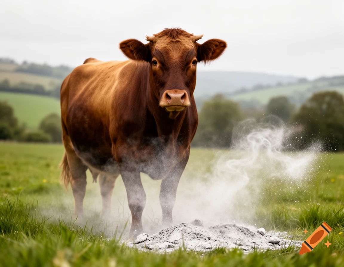 A brown cow stands in a green pasture, its lower body dissolving into a pile of white ash and smoke.