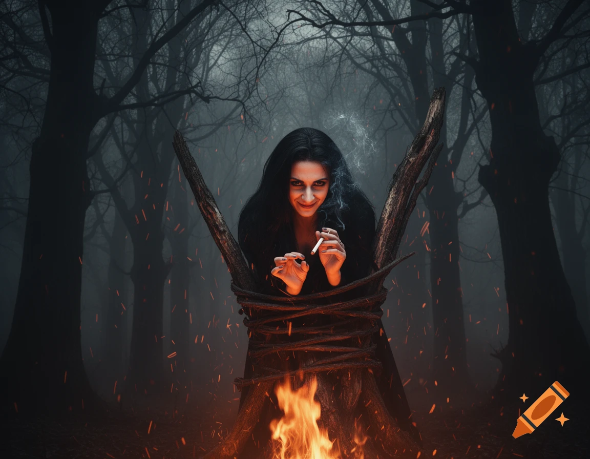A dark-haired witch with a mischievous grin, tied to a burning stake, lights a cigarette from the flames in a foggy forest.