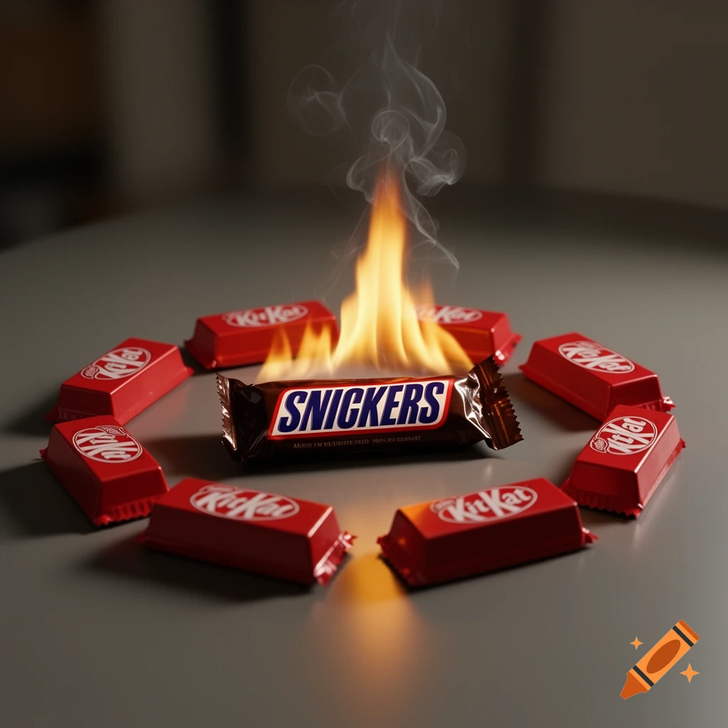 A Snickers bar on fire, surrounded by Kit Kat bars arranged in a circle on a grey surface, photorealistic.