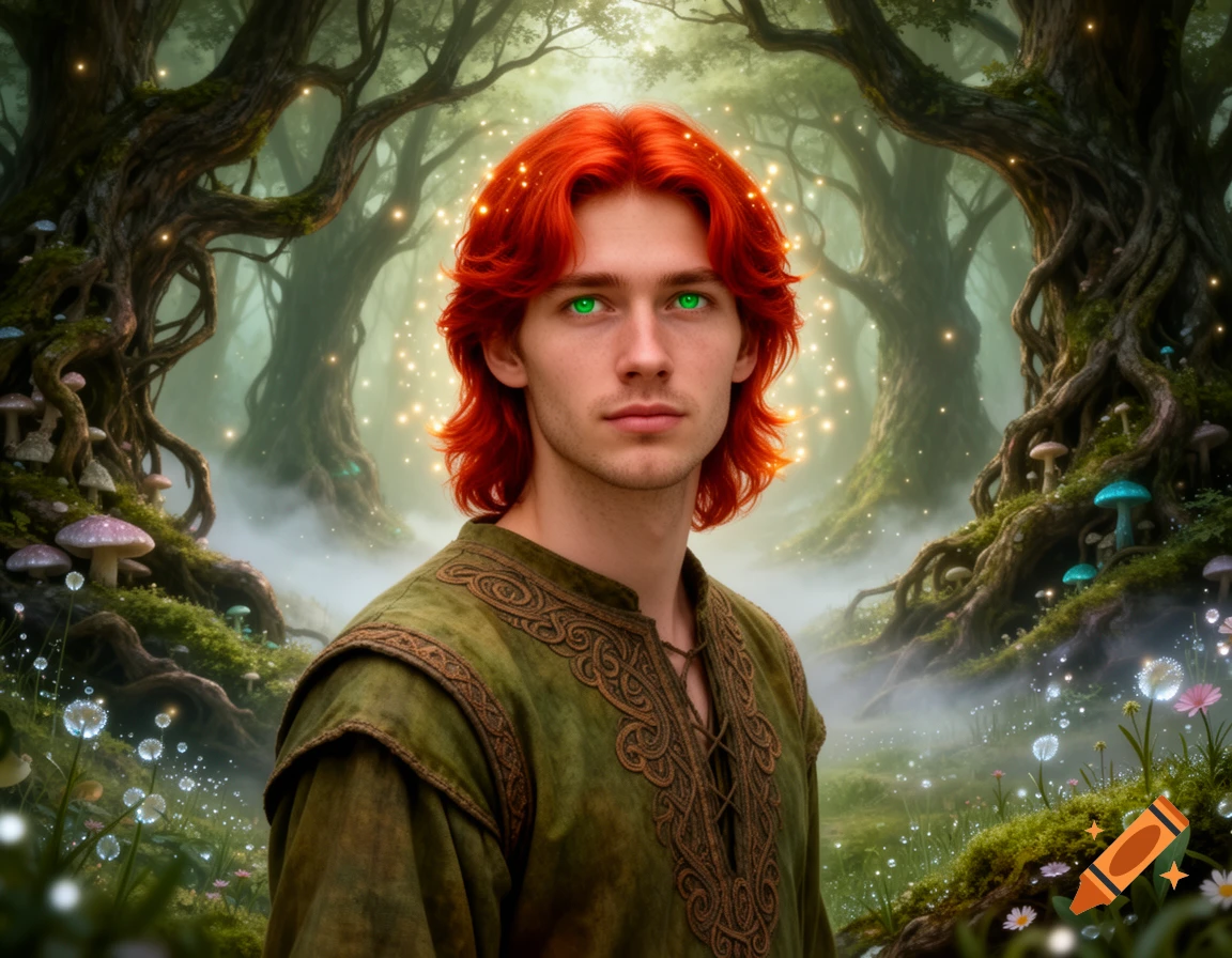 A young man with red hair and glowing green eyes in a photorealistic enchanted forest with glowing trees and mushrooms.