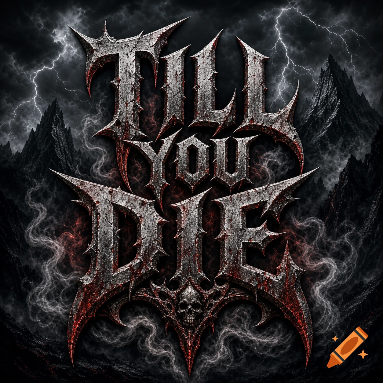 A gothic metal band logo for 'Till You Die' with a skull, jagged letters, and stormy mountains.