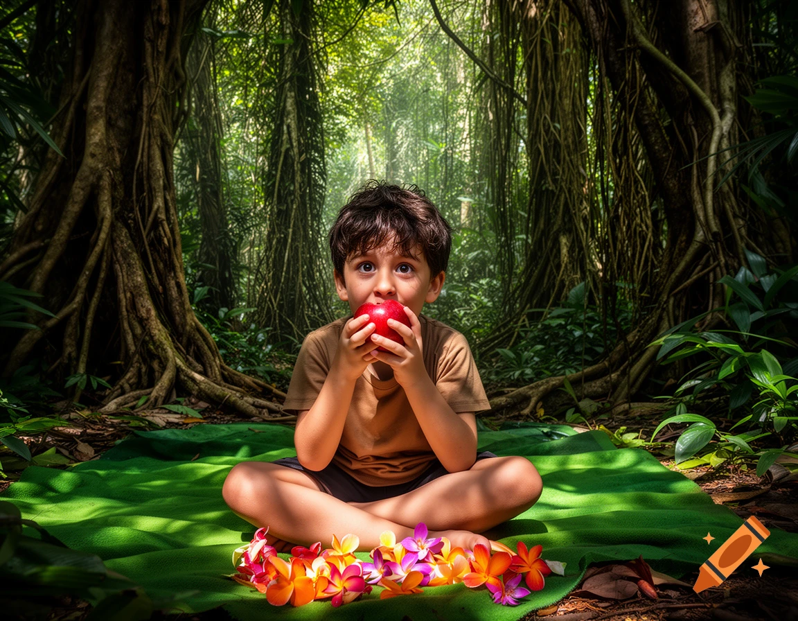 A young boy in a brown shirt sits cross-legged on a green blanket in a lush jungle, eating a red apple with colorful flowers.