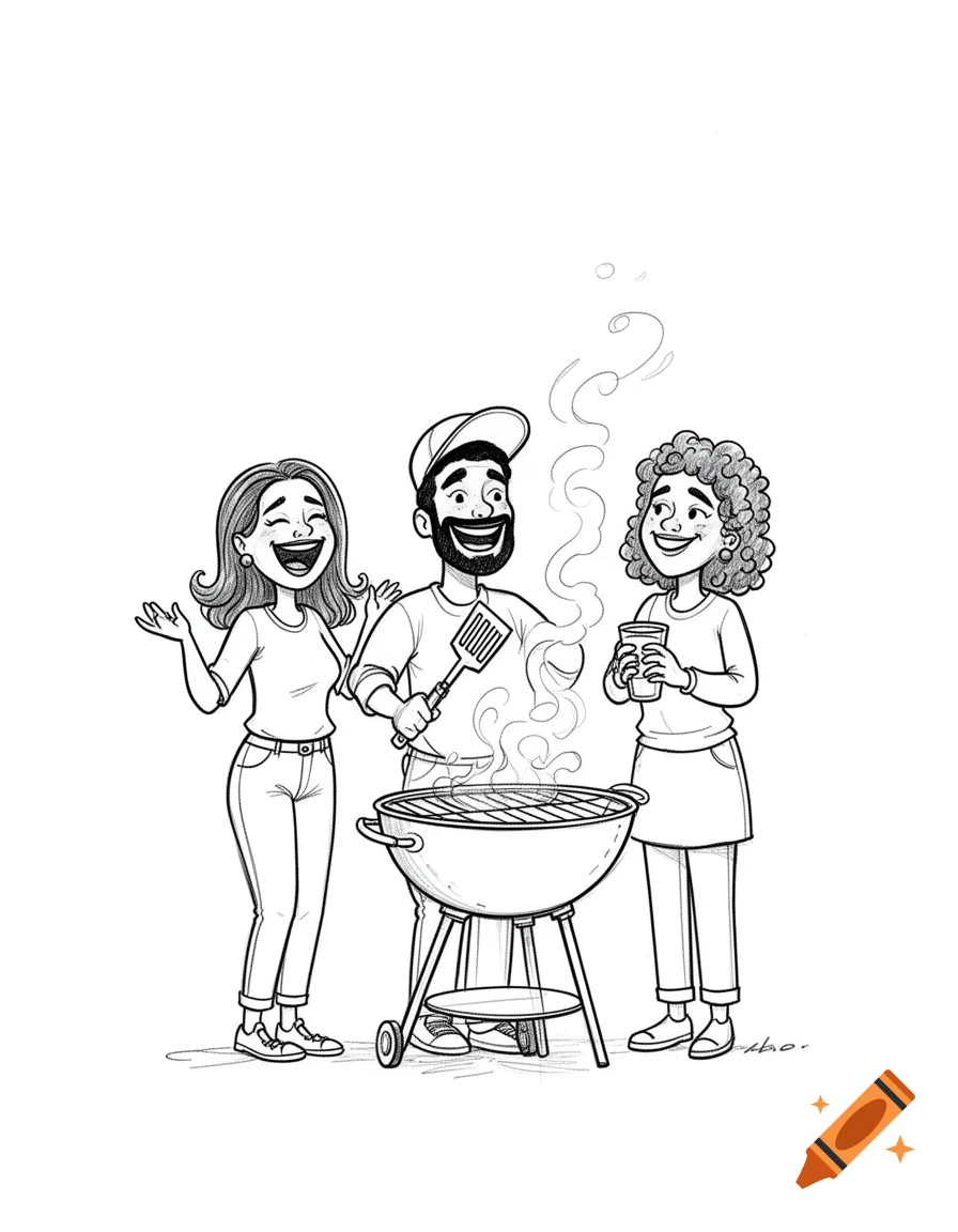 Black and white line art of three happy people, two women and one man, gathered around a barbecue grill.