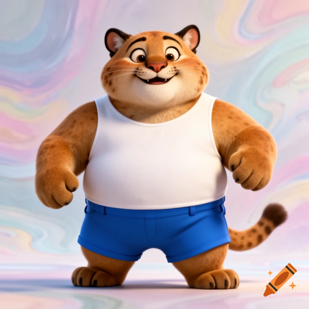 A smiling, chubby cartoon cougar wearing a white tank top and blue shorts, standing on a colorful background.