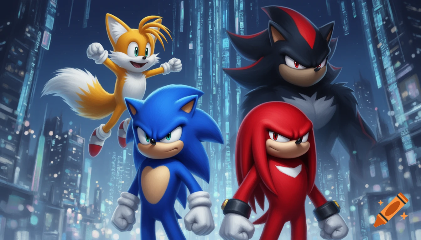 Sonic, Knuckles, and a jumping Tails stand in a stylized futuristic city, with Shadow looming in the background.