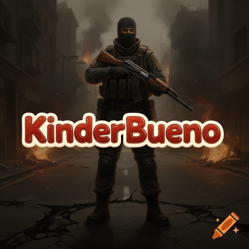 A stylized image of a masked soldier in tactical gear holding an AK-47 rifle, standing in a war-torn city with fires and smoke. The text "KinderBueno" is prominently displayed in front of him.